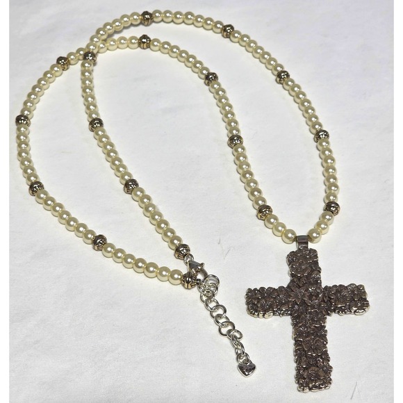 Jewelry - Brighton Floral Cross Pearl Necklace 18" Silver Tone Cream Beaded Retired